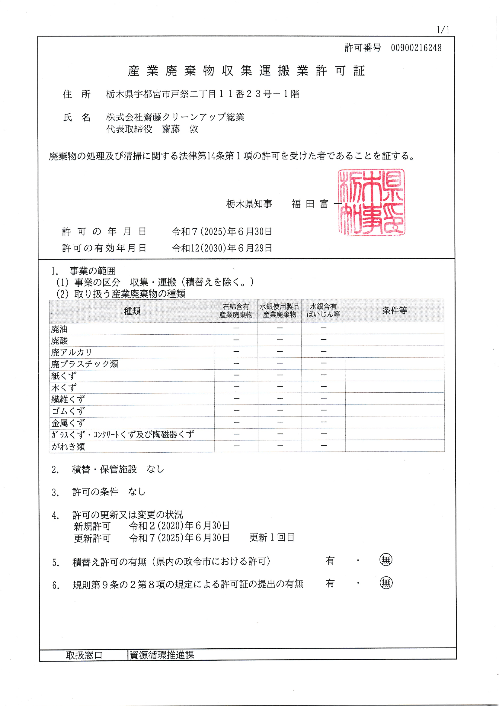 一般廃棄物収集運搬業許可に関する事業内容資料